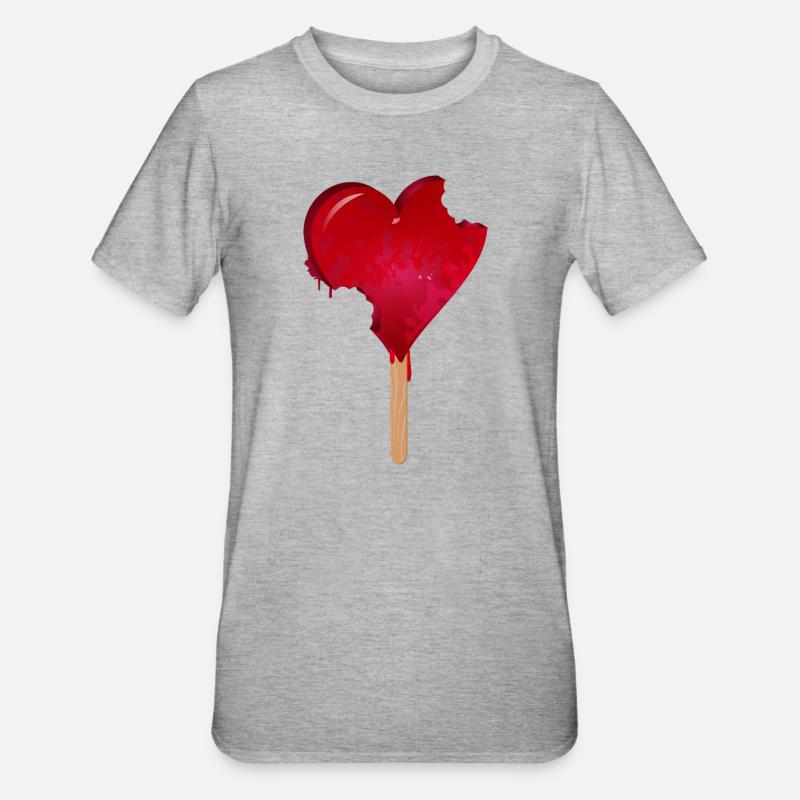 Rotes Herz Eis mit Biss - Unisex Polycotton T-Shirt - Grau meliert