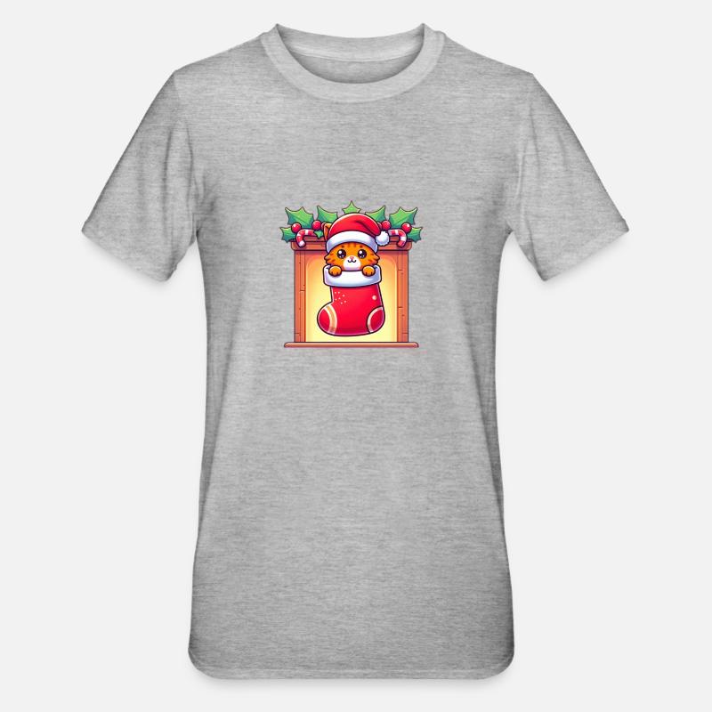 Chaton roux mignon dans une chaussette de Noël - T-shirt polycoton Unisexe - gris chiné