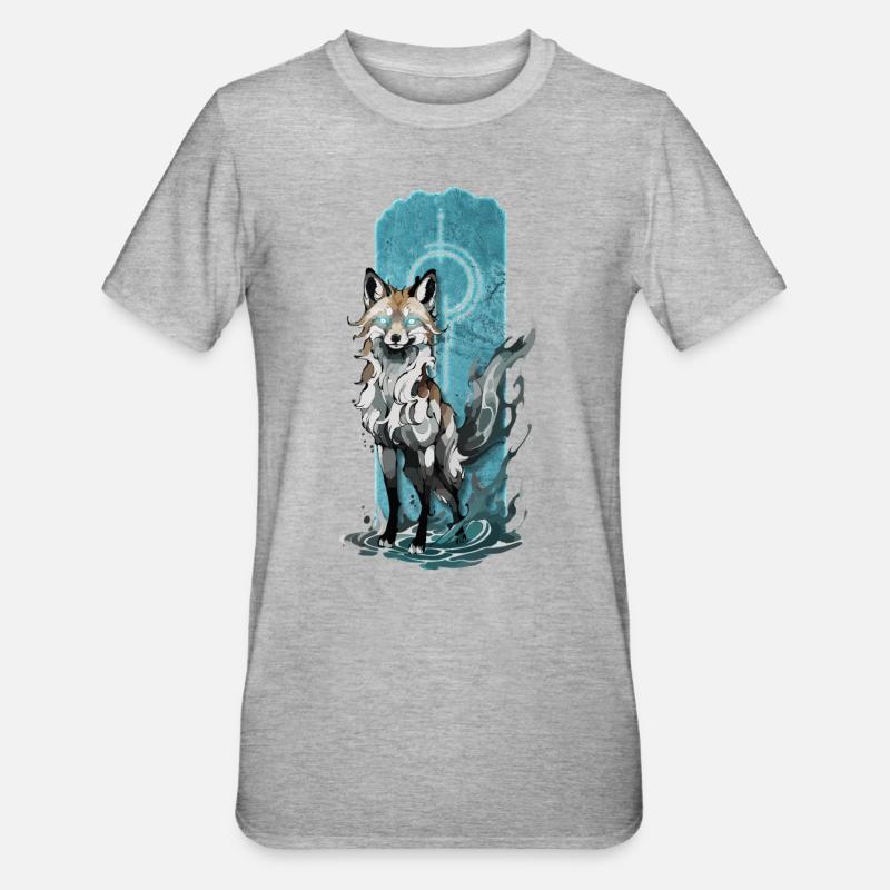 Ätherischer Fuchsgeist: Mystischer blauer Flammenfuchs - Unisex Polycotton T-Shirt - Grau meliert