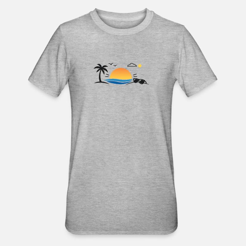 Sunset over palm tree beach - Unisex Polycotton T-Shirt - heather grey