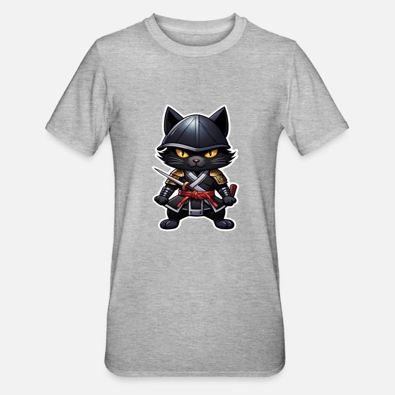 chat ninja - chaton samourai - T-shirt polycoton Unisexe - gris chiné