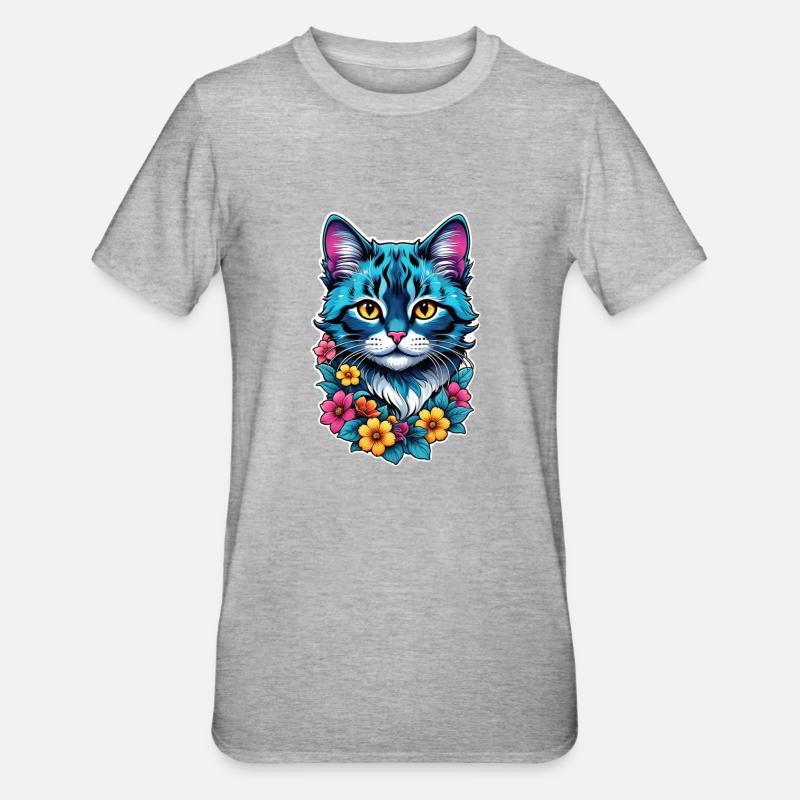 chat et fleur aquarelle - T-shirt polycoton Unisexe - gris chiné