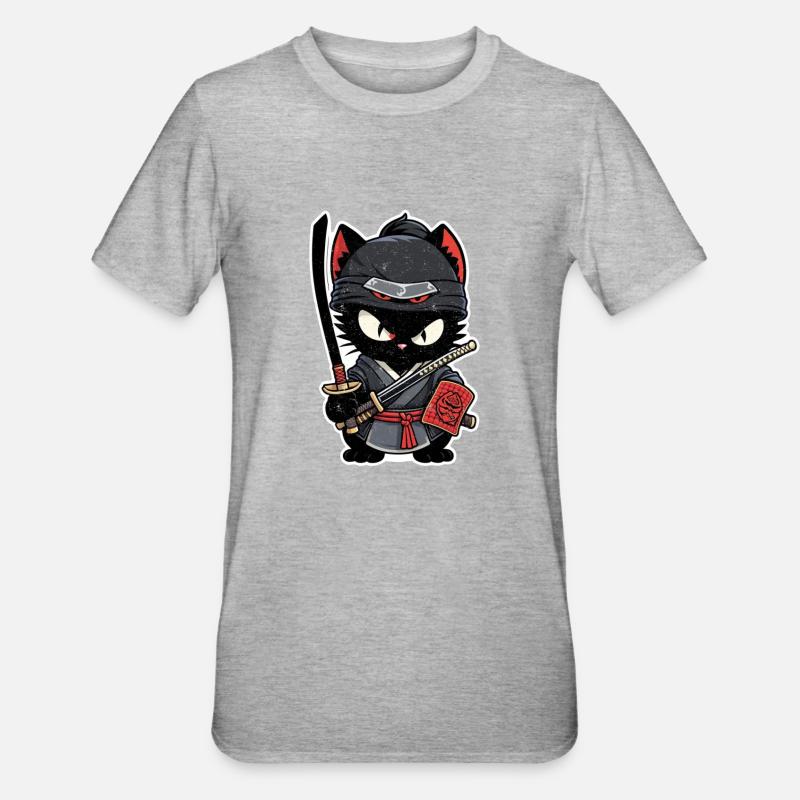 chat ninja - chaton samourai - T-shirt polycoton Unisexe - gris chiné