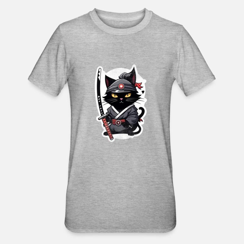 chat ninja - chaton samourai - T-shirt polycoton Unisexe - gris chiné