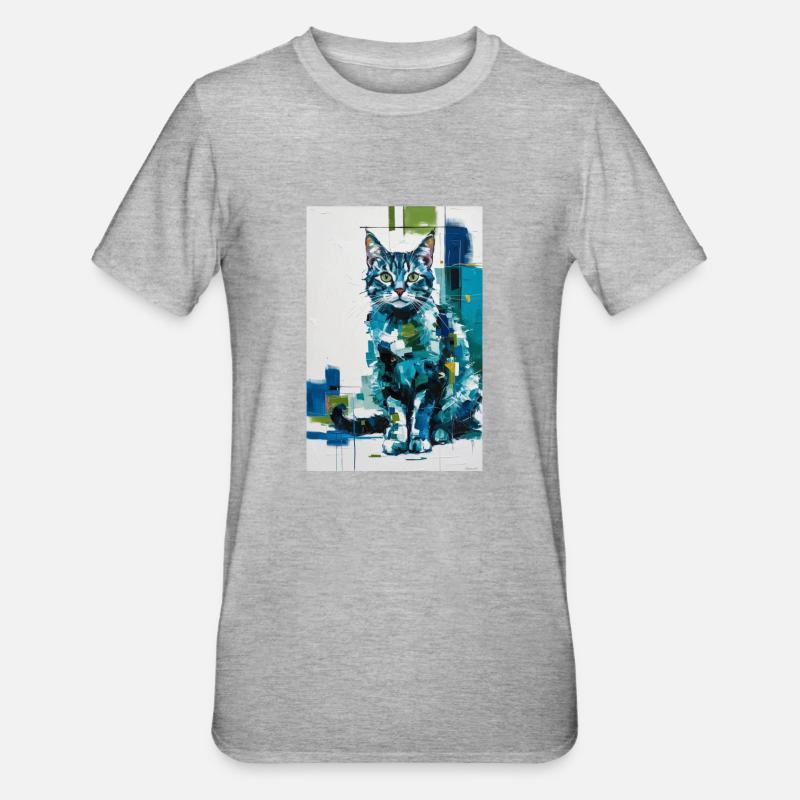 Chat abstrait en bleu vert / Numérique / Affiche #2 - T-shirt polycoton Unisexe - gris chiné
