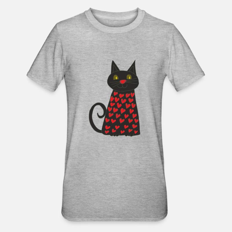 Chat Noir avec Cœurs - T-shirt polycoton Unisexe - gris chiné
