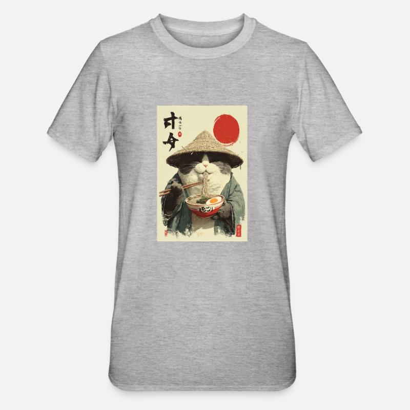 Chat samouraï mangeant des ramen - T-shirt polycoton Unisexe - gris chiné