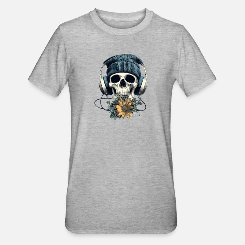 Crâne avec casque et fleurs - T-shirt polycoton Unisexe - gris chiné