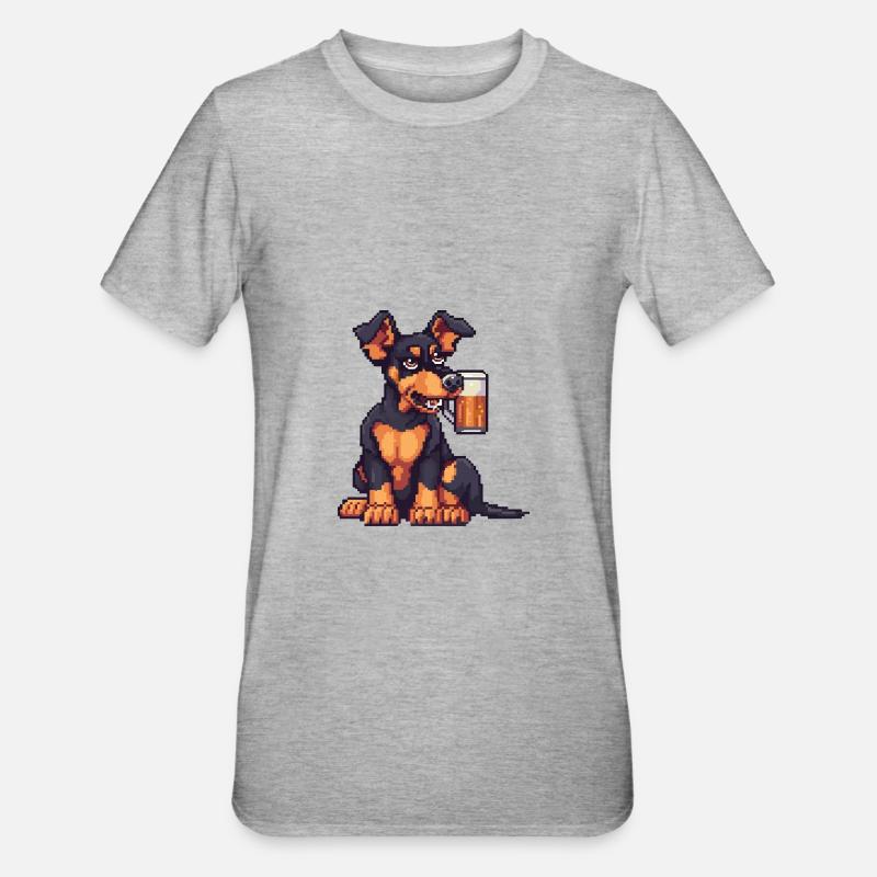 Doberman chien bière pixel - T-shirt polycoton Unisexe - gris chiné