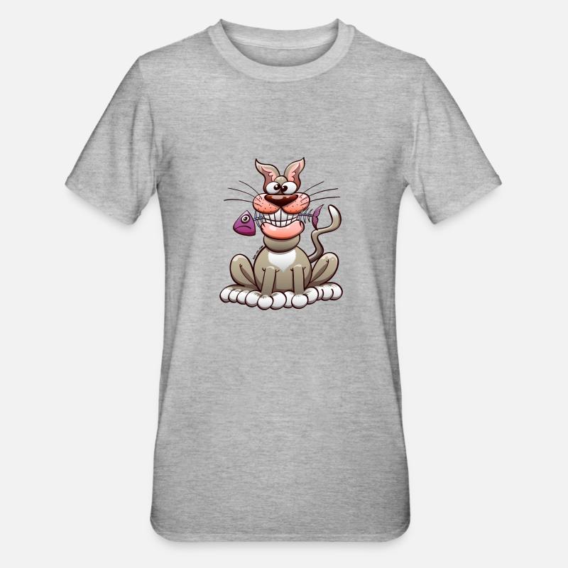 Chat posant avec un poisson - T-shirt polycoton Unisexe - gris chiné