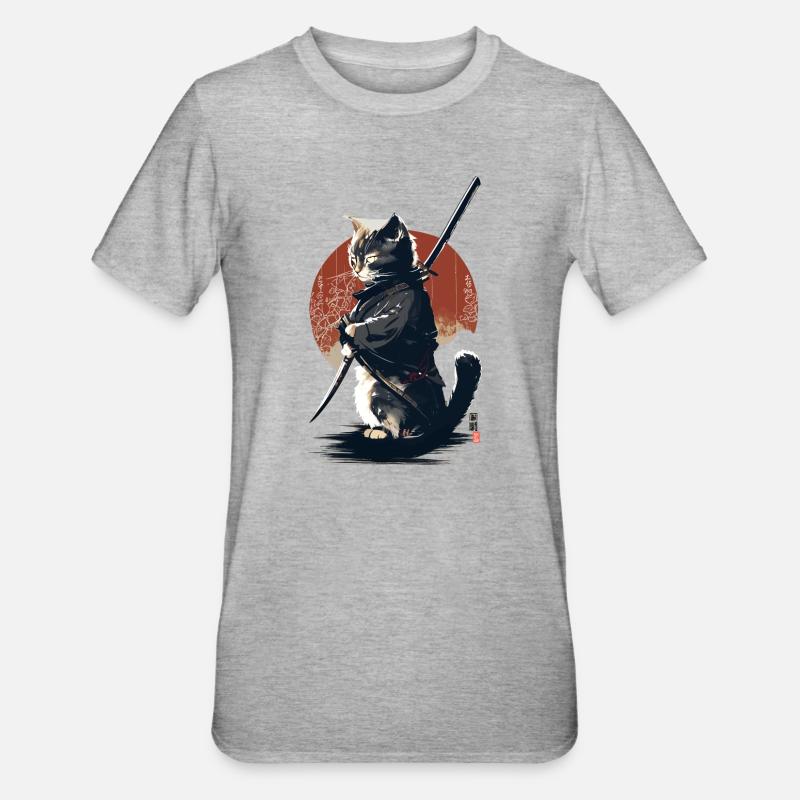 Kawaii Neko Samurai : Katzen-Samurai - Unisex Polycotton T-Shirt - Grau meliert