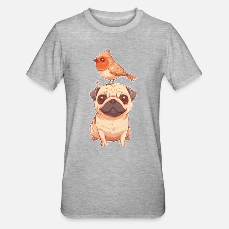 Mops mit Vogel - Unisex Polycotton T-Shirt - Grau meliert
