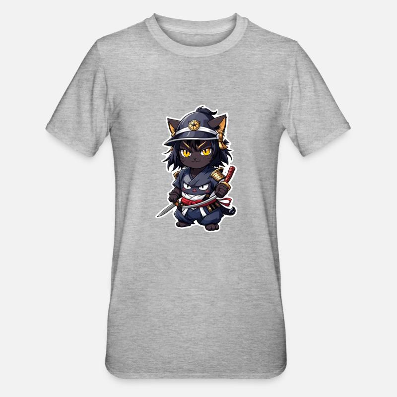 chat ninja - chaton samourai - T-shirt polycoton Unisexe - gris chiné