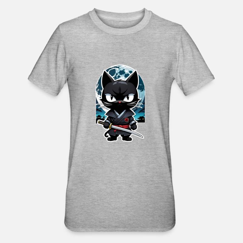 chat ninja - chaton samourai - T-shirt polycoton Unisexe - gris chiné