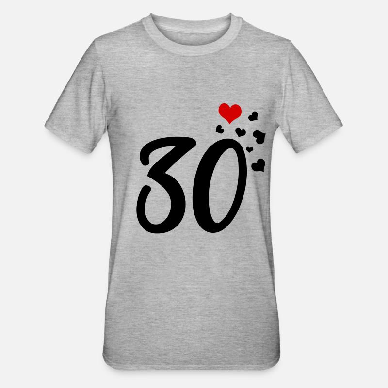 30 cœurs 30e anniversaire - T-shirt polycoton Unisexe - gris chiné