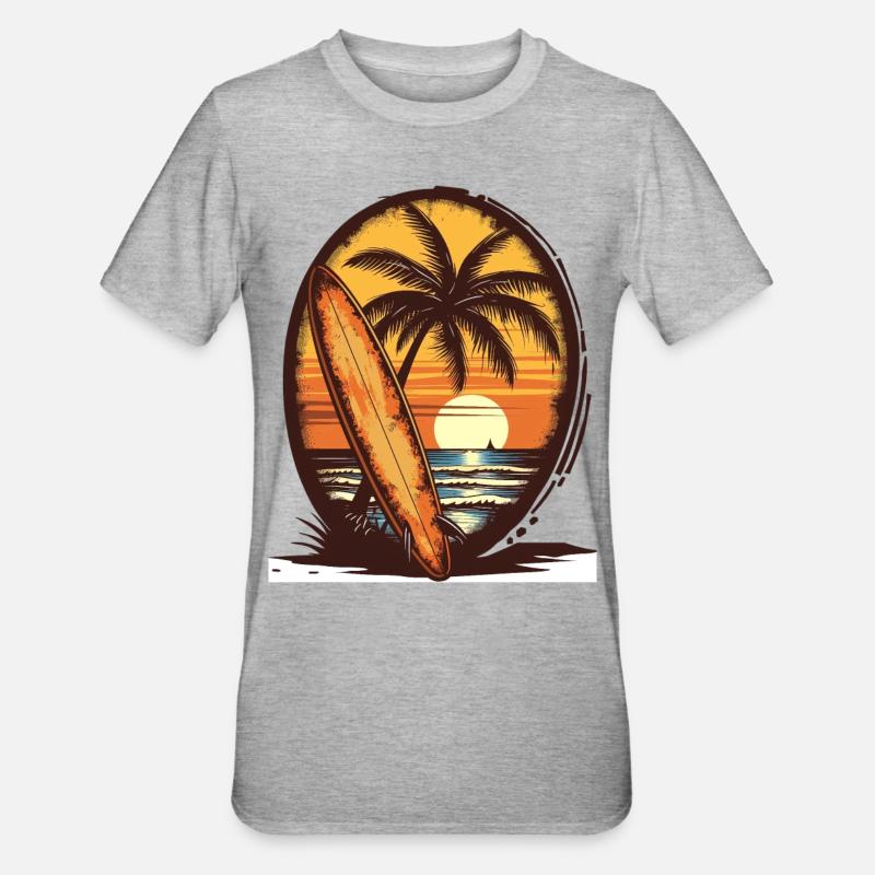 Sunset Surfboard Palm Trees - Unisex Polycotton T-Shirt - heather grey