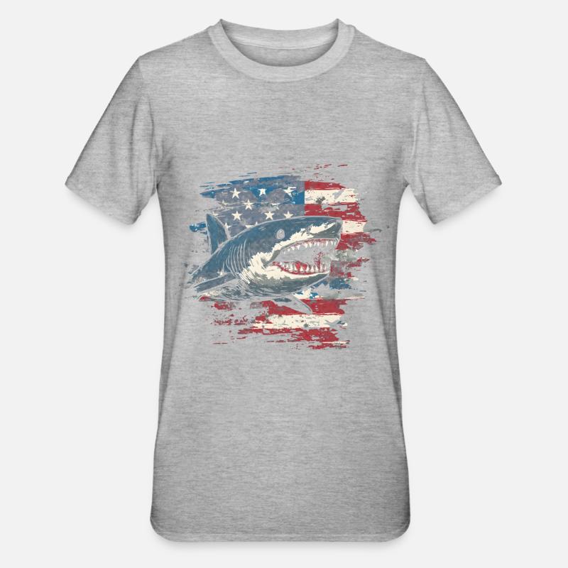 Requin avec drapeau des États-Unis - T-shirt polycoton Unisexe - gris chiné