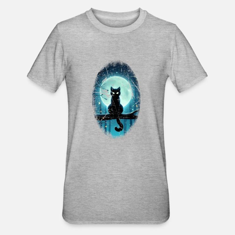 Chat noir devant la pleine lune - T-shirt polycoton Unisexe - gris chiné