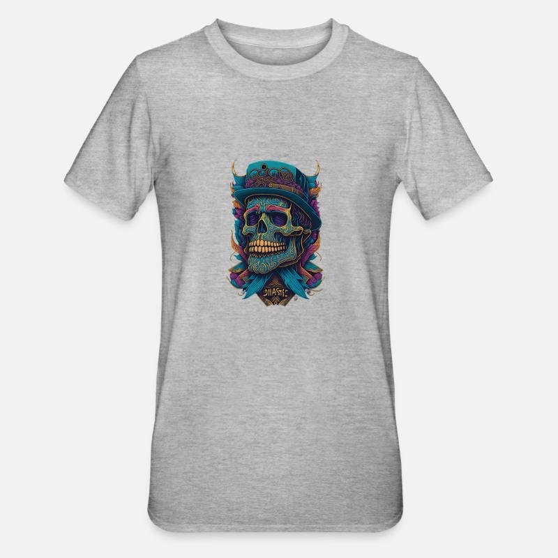 Squelette Crâne avec chapeau et fleurs Bande dessinée cool - T-shirt polycoton Unisexe - gris chiné