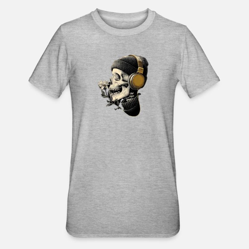 Kopfhörer-Skull mit Blume - Unisex Polycotton T-Shirt - Grau meliert