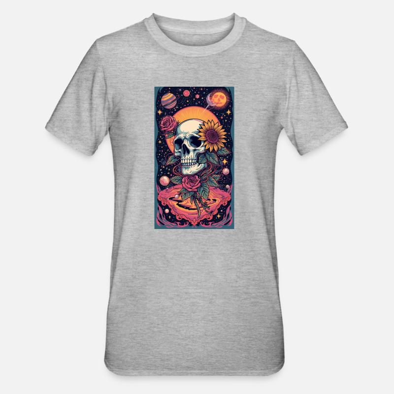 Crâne et Fleur de l’Espace - T-shirt polycoton Unisexe - gris chiné