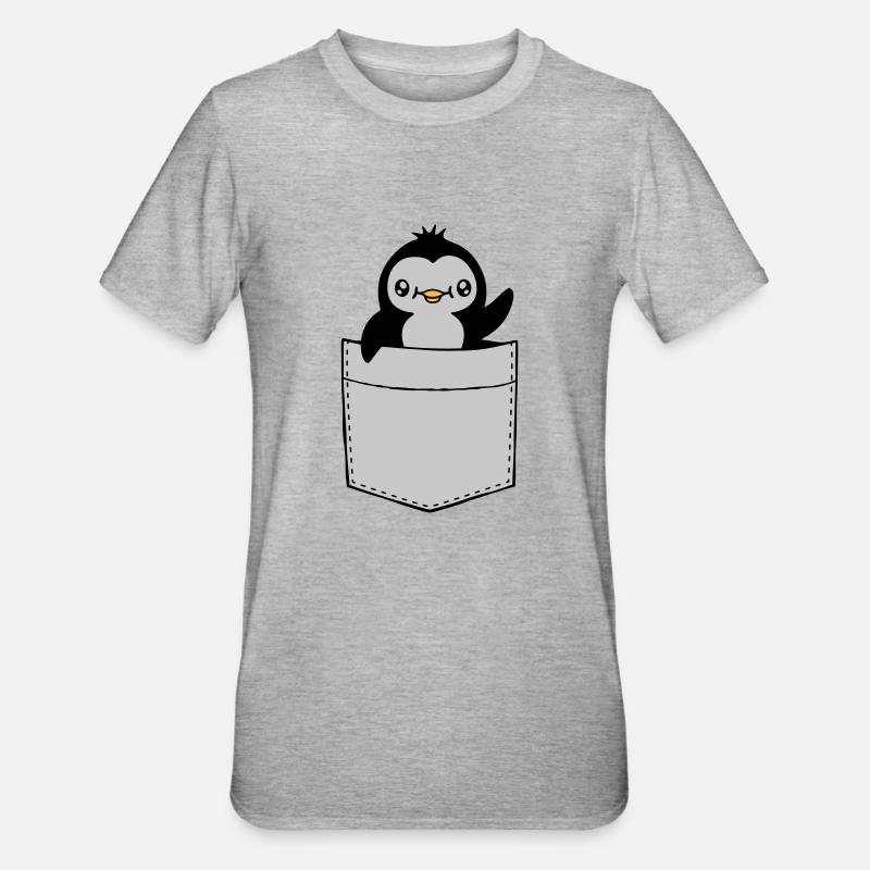 Winkender Brusttasche Pinguin - Unisex Polycotton T-Shirt - Grau meliert