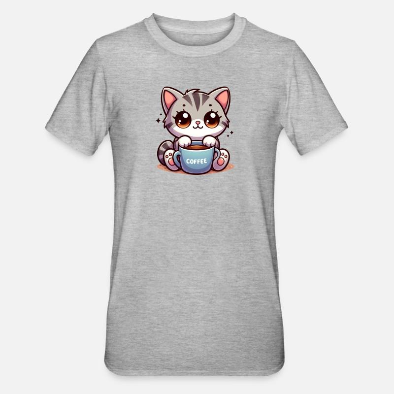 Chat avec tasse à café 4 - T-shirt polycoton Unisexe - gris chiné