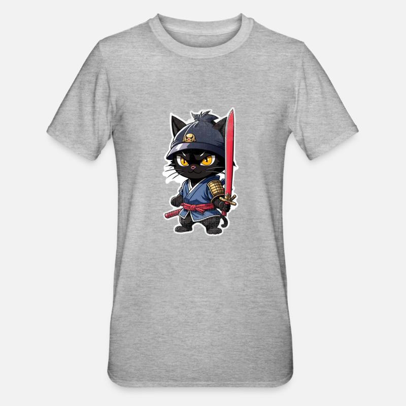 chat ninja - chaton samourai - T-shirt polycoton Unisexe - gris chiné