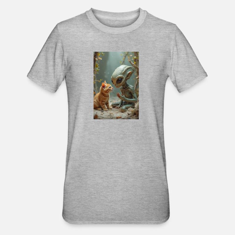 Créature extraterrestre avec chat compagnon - T-shirt polycoton Unisexe - gris chiné