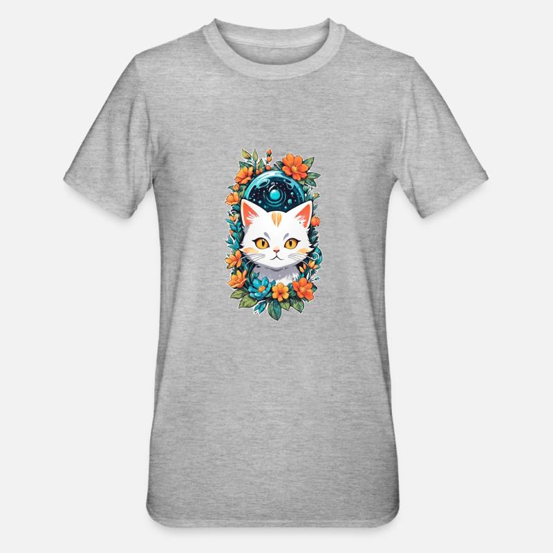 chat et fleur aquarelle - T-shirt polycoton Unisexe - gris chiné