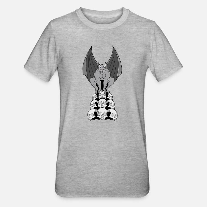 Gargoyle Dämon über Schädeln - Unisex Polycotton T-Shirt - Grau meliert