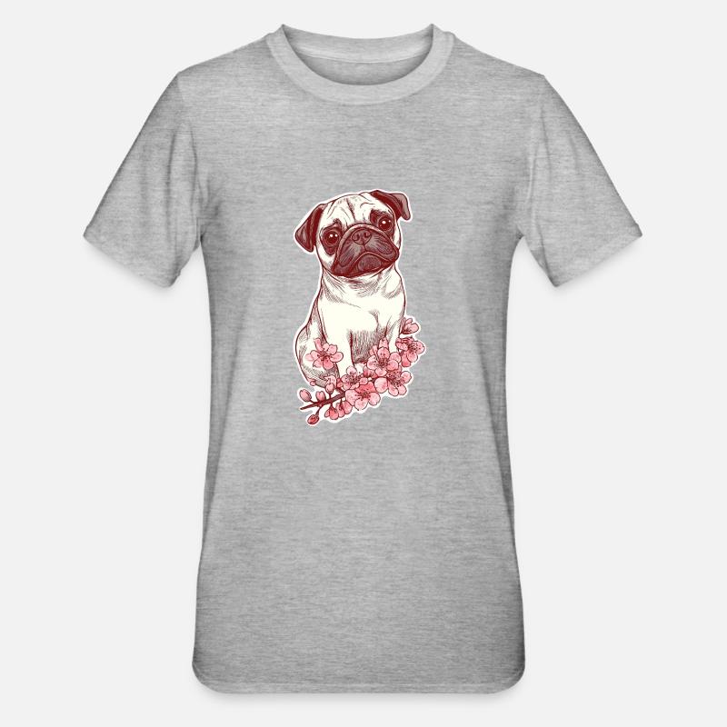 Mops mit Blüten - Unisex Polycotton T-Shirt - Grau meliert
