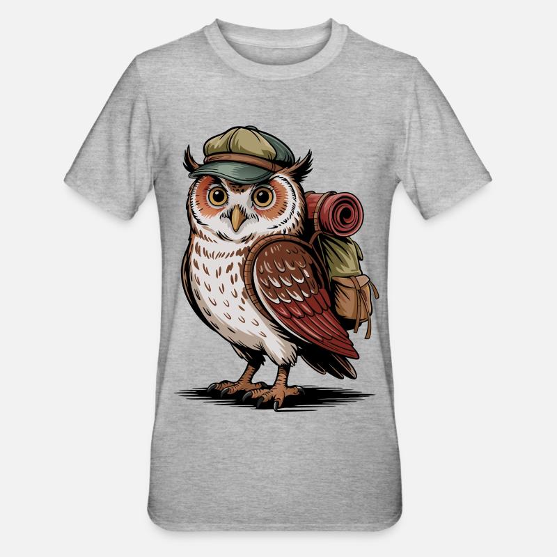Wandernde Eule mit Rucksack - Unisex Polycotton T-Shirt - Grau meliert
