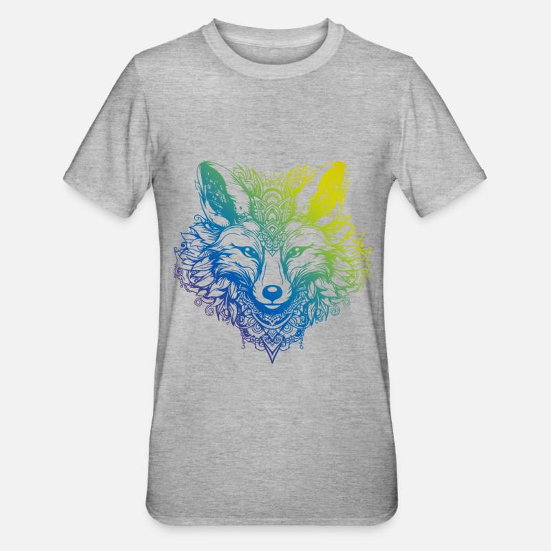Renard Mandala Boho - T-shirt polycoton Unisexe - gris chiné
