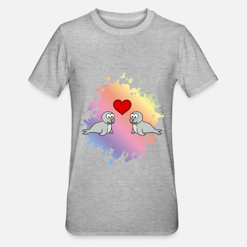 Couple d’animaux de phoque Amour - T-shirt polycoton Unisexe - gris chiné