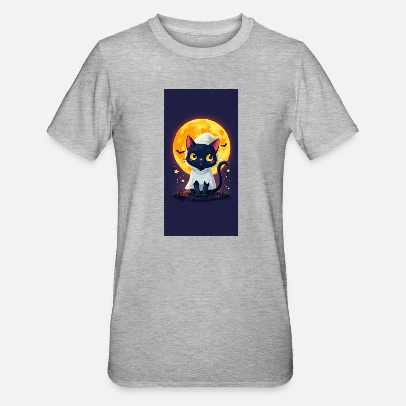 Moonlight Cat in Ghost Cloak - Unisex Polycotton T-Shirt - heather grey