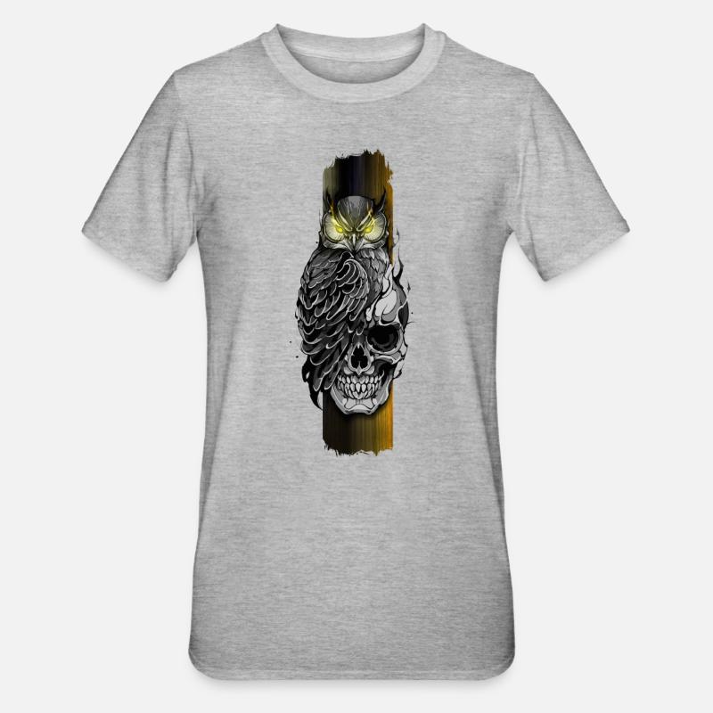Eule sitzt auf Schädel - Unisex Polycotton T-Shirt - Grau meliert