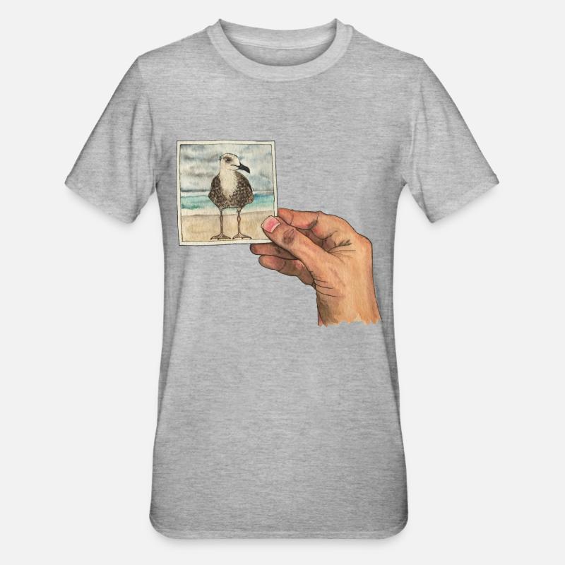 Main avec photo d'une mouette - T-shirt polycoton Unisexe - gris chiné