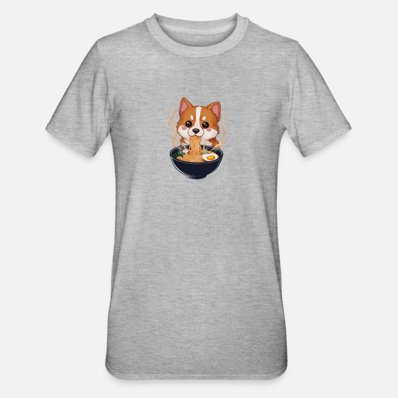 Chien Kawaii mangeant des ramen - T-shirt polycoton Unisexe - gris chiné