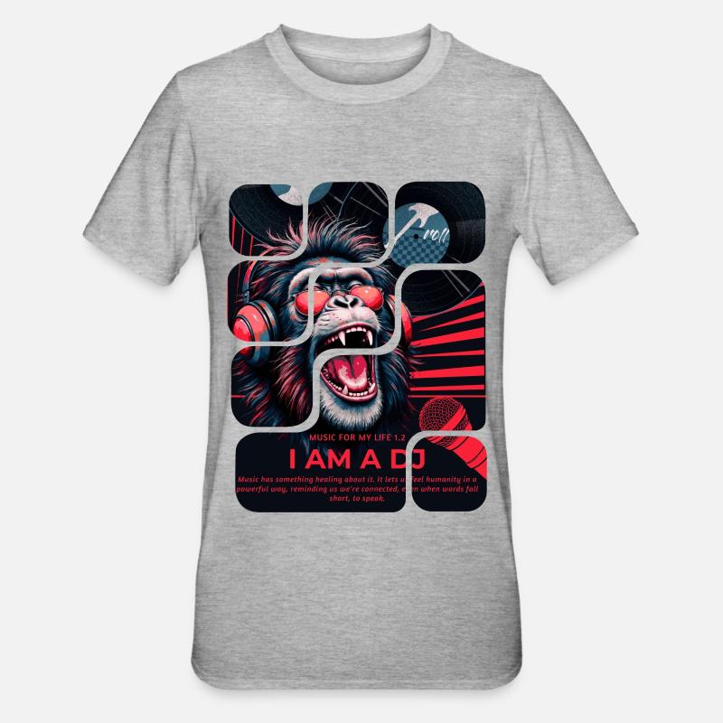 DJ Affe mit Kopfhörern Neon Design - Unisex Polycotton T-Shirt - Grau meliert