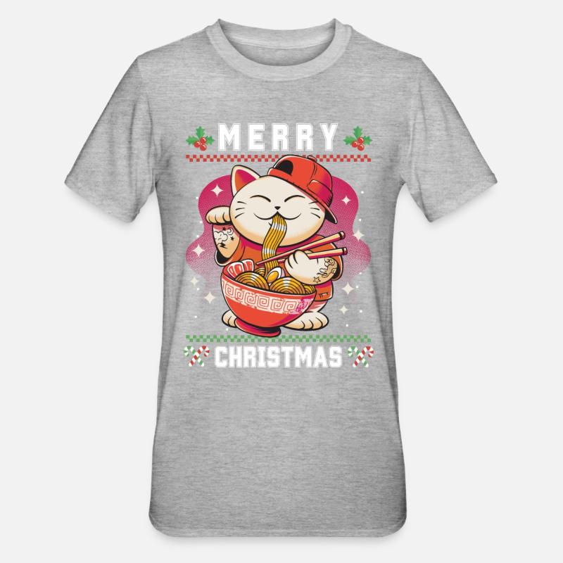 Chat d’anime kawaii mignon avec Ramen Noël laid - T-shirt polycoton Unisexe - gris chiné