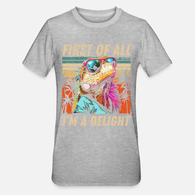 Iguana tropicale - Tramonto e design di palme - Maglietta unisex, mix cotone e poliestere - grigio melange