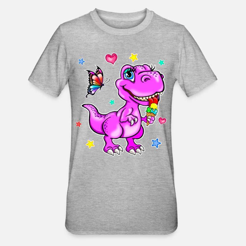Rosa Dinosaurier mit Eiscreme - Unisex Polycotton T-Shirt - Grau meliert