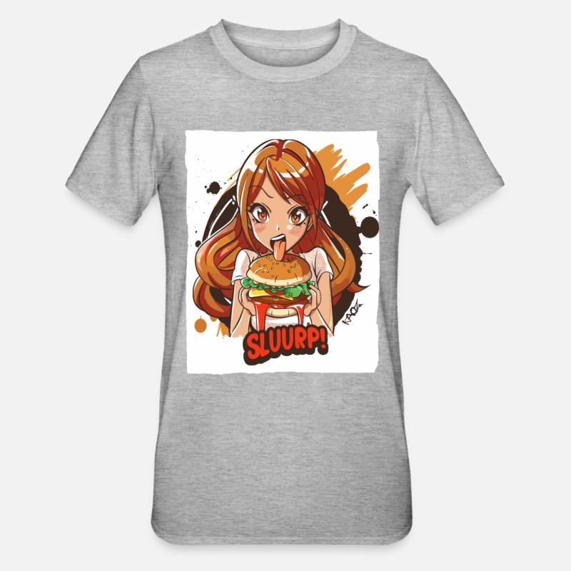 Anime-Mädchen liebt große Burger - Unisex Polycotton T-Shirt - Grau meliert