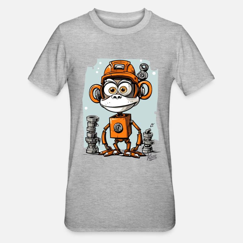 Le singe-robot drôle et funky - T-shirt polycoton Unisexe - gris chiné