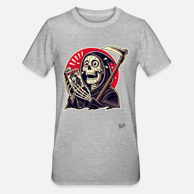 Grim Reaper reading Japanese comics - Unisex Polycotton T-Shirt - heather grey