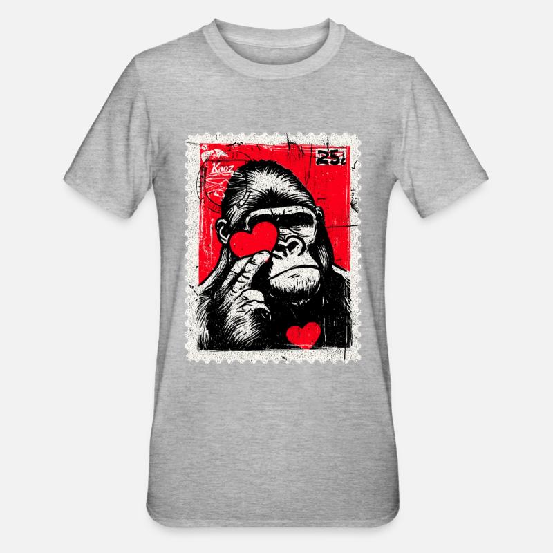 Gorille au cœur – L’amour comme timbre-poste - T-shirt polycoton Unisexe - gris chiné