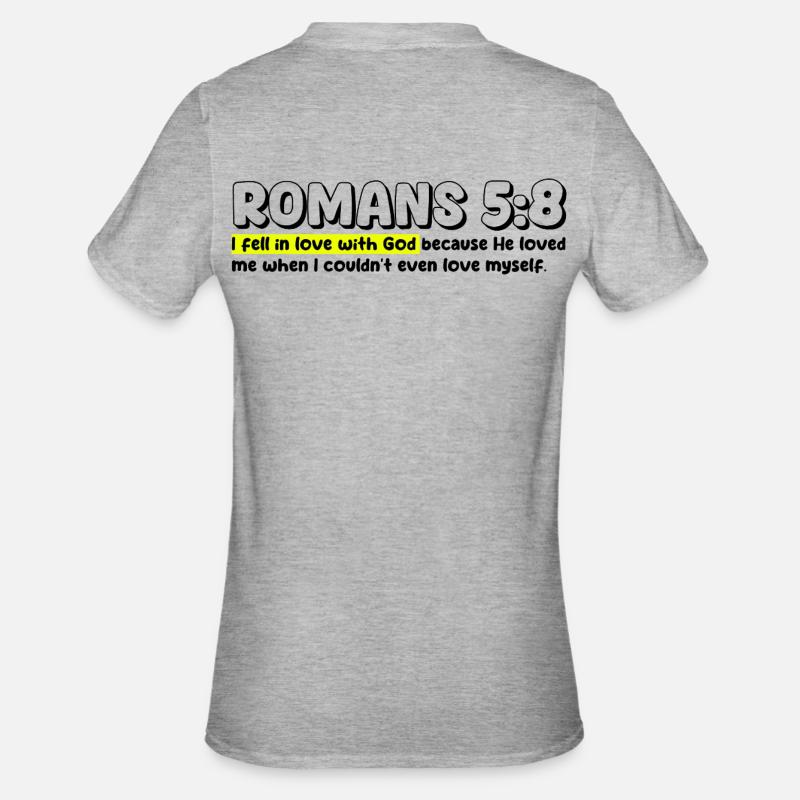 Romains 5:8 | Citation de la Bible - T-shirt polycoton Unisexe - gris chiné
