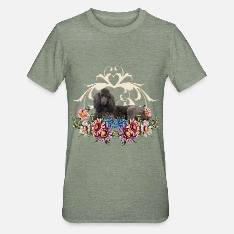 Caniche mignon avec des fleurs - T-shirt polycoton Unisexe - vert kaki chiné