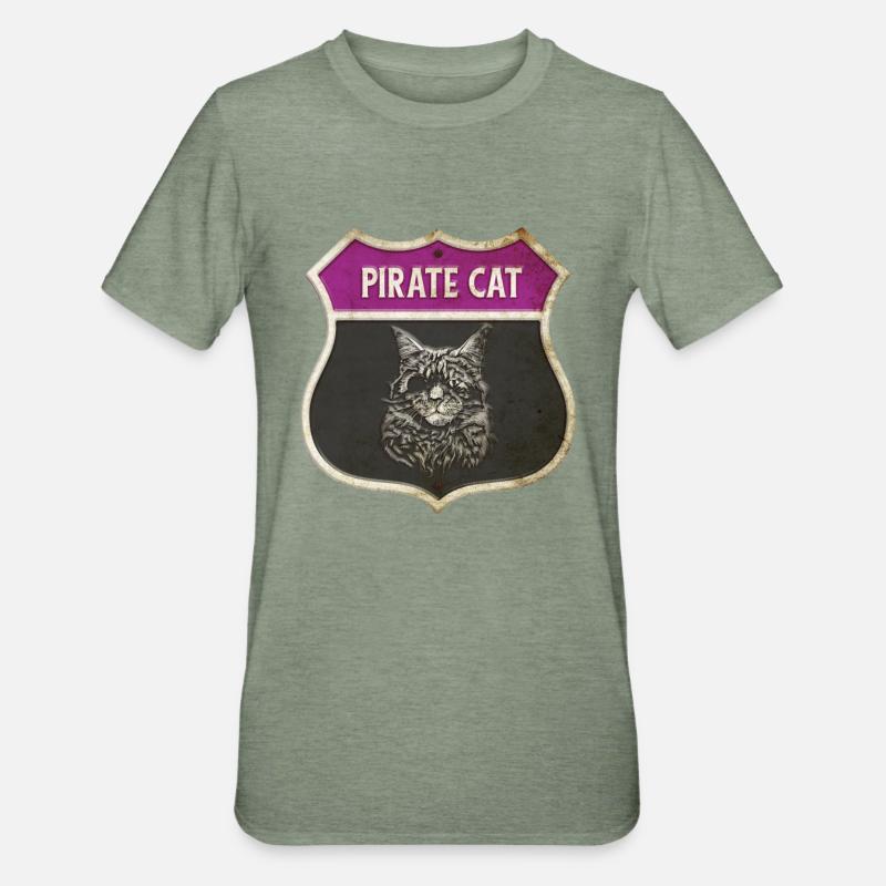 Motif écusson pirate de chat - T-shirt polycoton Unisexe - vert kaki chiné